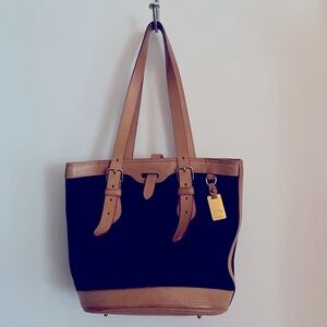Dooney & Bourke Cabriolet Shoulder Bag/Tote in Black Canvas and Tan leather